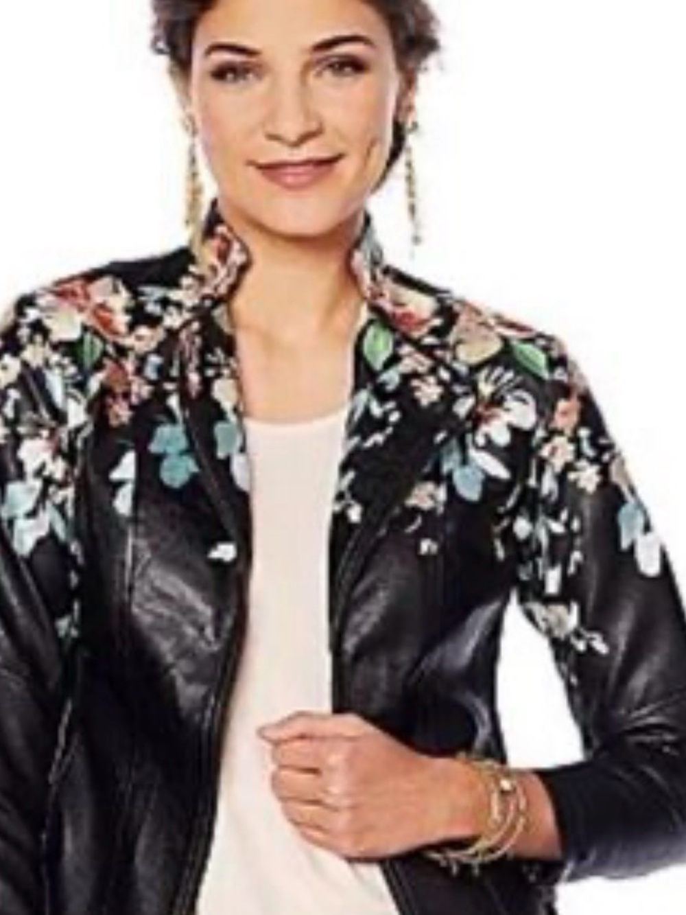Colleen Lopez Floral Embroidered Faux Leather Moto Jacket